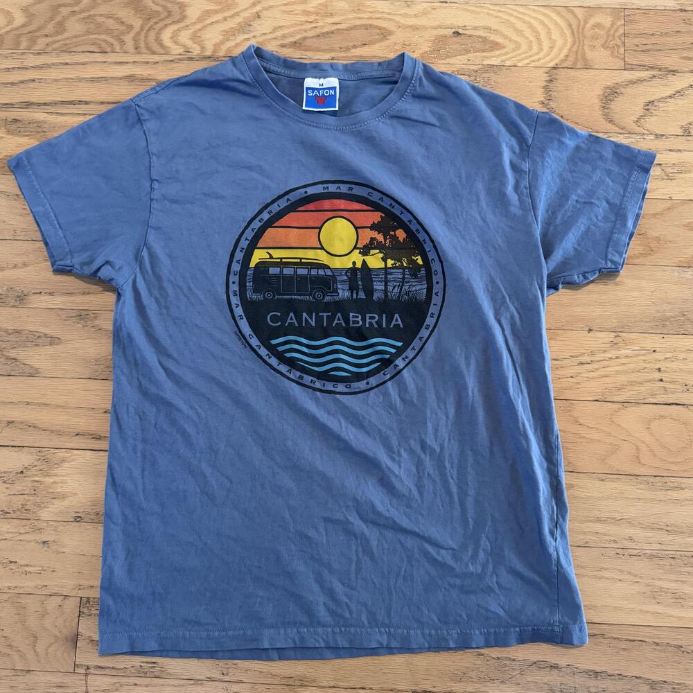 Safon Shirt Womens Medium Blue Cantabria Sunset Van Graphic Travel Beach Tee
